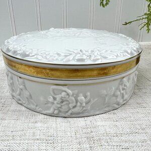 Vintage Capodimonte Jewelry Powder Box White Porcelain Embossed Gilded Dresser